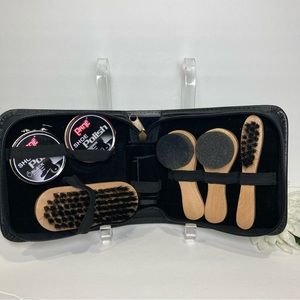 Travel Shoe Shine Kit Black Faux Leather Zip Case NEW